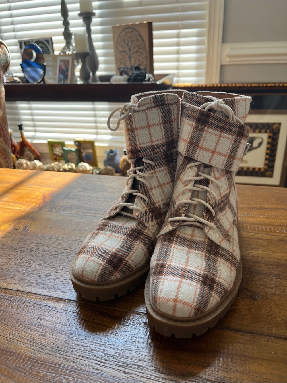 Jessica Simpson Plaid Ankle Boots in Cream, Brown and Rust